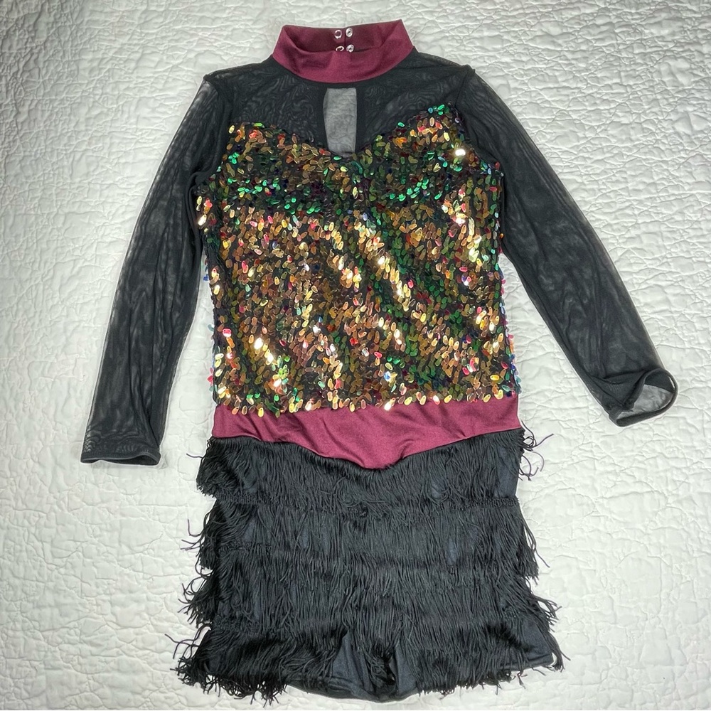 🔥NWOT Weissman Sequins & Fringe Women Dance Costume In Maroon & Black Size M